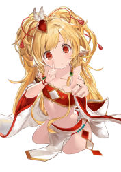 Rule 34 | 10s, 1girl, :o, animal ears, bandeau, bare shoulders, blonde hair, blush, collarbone, cropped legs, flat chest, granblue fantasy, hair ornament, harvin, harvin, head tilt, highres, index finger raised, koi dance, long hair, looking at viewer, mahira (granblue fantasy), midriff, navel, red eyes, shou xun bu liang, simple background, solo, thighhighs, very long hair, white background, wide sleeves