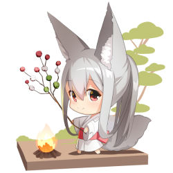Rule 34 | 1girl, animal ear fluff, animal ears, barefoot, branch, campfire, chibi, closed mouth, commentary request, dango, fire, food, fox ears, fox girl, fox tail, grey hair, hair between eyes, holding, holding branch, japanese clothes, kimono, long hair, long sleeves, original, patch, ponytail, red eyes, sanshoku dango, smile, solo, standing, tail, very long hair, wagashi, white kimono, wide sleeves, yuuji (yukimimi)