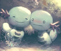 Rule 34 | artist name, bad id, bad pixiv id, blush, closed mouth, commentary request, creatures (company), closed eyes, game freak, gen 2 pokemon, manino (mofuritaionaka), nintendo, no humans, outdoors, pokemon, pokemon (creature), signature, smile, water, wavy mouth, wooper, yaoi
