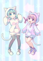 Rule 34 | 2girls, :d, :o, absurdres, animal hood, aqua background, aqua eyes, aqua hair, arms at sides, blue hoodie, blunt bangs, blush, cat symbol, commentary request, full body, futaba sana, grey shorts, grey socks, grey thighhighs, hands up, highres, hood, hood up, hoodie, legs together, long hoodie, long sleeves, looking at another, low-tied sidelocks, magia record: mahou shoujo madoka magica gaiden, mahou shoujo madoka magica, medium hair, multi-tied hair, multiple girls, niyadepa, no nose, open mouth, parted lips, pigeon-toed, pink eyes, pink footwear, pink hair, pocket, purple footwear, shoes, shorts, sidelocks, smile, sneakers, socks, star (symbol), striped, striped background, swept bangs, tail, tamaki ui, thighhighs, vertical stripes, wavy hair, white hoodie
