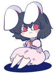 Rule 34 | 1girl, :3, animal ears, barefoot, black hair, blush, chahan (fried rice0614), chibi, collar, crossed arms, dress, frilled collar, frilled sleeves, frills, full body, highres, inaba tewi, looking at viewer, pink dress, pink sleeves, puffy short sleeves, puffy sleeves, rabbit ears, rabbit girl, rabbit tail, red eyes, red ribbon, ribbon, ribbon-trimmed collar, ribbon-trimmed sleeves, ribbon trim, shadow, short hair, short sleeves, simple background, sitting, solo, tail, touhou, white background