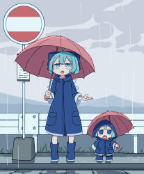 Rule 34 | 2girls, absurdres, blue bow, blue eyes, blue footwear, blue hair, blue raincoat, blush stickers, boots, bow, cirno, fairy, fang, fumo (doll), hair between eyes, hair bow, highres, holding, holding umbrella, ice, ice wings, kame (kamepan44231), long sleeves, multiple girls, open mouth, outdoors, rain, raincoat, rubber boots, short hair, skin fang, standing, touhou, umbrella, wings