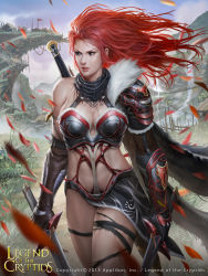 Rule 34 | 1girl, absurdres, bandages, breasts, cape, chrisnfy85, cleavage, copyright name, cowboy shot, dated, fur trim, gloves, grass, highres, legend of the cryptids, lipstick, long hair, makeup, official art, petals, red hair, river, rock, sky, solo, sword, teeth, weapon