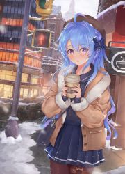 Rule 34 | 1girl, absurdres, alternate costume, azur lane, bag, blue hair, cityscape, coffee, coffee cup, commentary, cup, disposable cup, english commentary, handbag, hat, helena (azur lane), highres, jacket, kyl490, long hair, looking at viewer, open mouth, road, snow, solo, street, traffic light