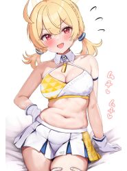 Rule 34 | 1girl, absurdres, ahoge, arm strap, bare shoulders, blonde hair, blue archive, blush, braid, breasts, cheerleader, cleavage, crop top, flying sweatdrops, gloves, highres, kotori (blue archive), kotori (cheer squad) (blue archive), large breasts, looking at viewer, mochitsuki karen, navel, open mouth, red eyes, sitting, skirt, smile, solo, stomach, twintails, white gloves, white skirt
