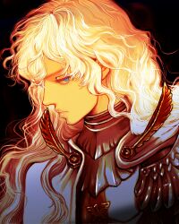 Rule 34 | 1boy, androgynous, armor, berserk, black background, blue eyes, cape, closed mouth, corrupted twitter file, griffith (berserk), highres, lips, long hair, looking at viewer, male focus, nisino2222, portrait, shoulder armor, solo, wavy hair, white cape, white hair