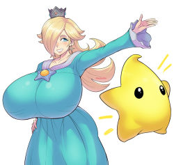 Rule 34 | 1girl, 1other, blonde hair, blue dress, blue eyes, blush, breasts, crown, dress, earrings, grin, hair over one eye, highres, huge breasts, jewelry, long hair, long sleeves, luma (mario), mario (series), nintendo, pinkkoffin, rosalina, simple background, smile, star (symbol), star earrings, super mario galaxy, upper body, white background