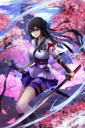 Rule 34 | 1girl, age of ishtaria, arm ribbon, black hair, black socks, blue eyes, blue sky, bow, breasts, cherry blossoms, closed mouth, cloud, cloudy sky, collarbone, copyright notice, cowboy shot, day, flower, hair between eyes, hair flower, hair ornament, hair ribbon, holding, holding sword, holding weapon, japanese clothes, katana, kimono, kneehighs, leg ribbon, legs together, long hair, looking at viewer, medium breasts, mountain, obi, outdoors, petals, purple ribbon, red bow, red ribbon, ribbon, rope, sash, scabbard, sheath, short hair, short kimono, sky, socks, solo, standing, standing on one leg, sword, thigh ribbon, thigh strap, unsheathed, vambraces, wanke, weapon