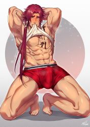 Rule 34 | 1boy, abs, blush, boxer briefs, bulge, clothes in mouth, clothes lift, erection, erection under clothes, highres, lifted by self, long hair, long sideburns, looking at viewer, male focus, male underwear, mouth hold, navel, nipples, pectorals, ponytail, self exposure, shirt in mouth, shirt lift, sideburns, simple background, solo, squatting, tachibana kuniei, tattoo, tonbokiri (touken ranbu), touken ranbu, underwear, yellow eyes