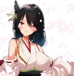 Rule 34 | 1girl, absurdres, black hair, breasts, detached sleeves, epaulettes, floral background, hair ornament, highres, japanese clothes, kantai collection, kimono, large breasts, medium breasts, momimaki, one-hour drawing challenge, red eyes, sleeveless, sleeveless kimono, solo, upper body, white background, yamashiro (kancolle)