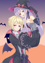 Rule 34 | 2girls, :d, arm up, ascot, assault lily, bare shoulders, bat (animal), bat wings, black coat, black dress, black footwear, black gloves, black headwear, black pants, black ribbon, blunt bangs, blush, bow, braid, breasts, brown background, building, carrying, carrying person, closed mouth, coat, collarbone, commentary request, detached sleeves, dress, dress bow, fake wings, frilled dress, frilled gloves, frills, gloves, gradient background, grey pantyhose, gumoyu, hair bow, hair ribbon, halloween, halloween costume, hand on another&#039;s neck, hand on headwear, hat, highres, kon kanaho, long hair, long sleeves, looking at viewer, looking to the side, medium breasts, miyagawa takane, multicolored background, multiple girls, official alternate costume, official alternate hairstyle, open mouth, orange background, pants, pantyhose, print sleeves, purple background, purple eyes, red bow, ribbon, shoe soles, shoes, short hair, side braid, sidelocks, silhouette, single braid, smile, spider web print, standing, strapless, strapless dress, vampire costume, very long hair, white ascot, wings, witch hat, yellow eyes, yuri