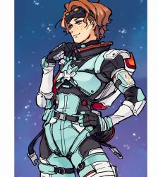 Rule 34 | 1girl, animification, apex legends, black gloves, blush, brown hair, cable, freckles, gloves, goggles, goggles on head, hair behind ear, hand on own hip, highres, horizon (apex legends), looking down, paseritaberuman, pillarboxed, short hair, smile, solo, space, spacesuit