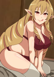 Rule 34 | 1girl, 2bls, :p, alternate breast size, blush, bra, breasts, cleavage, elf, elinalise dragonroad, highres, large breasts, looking at viewer, mushoku tensei, pointy ears, smile, solo, thighhighs, tongue, tongue out, underwear, wide hips