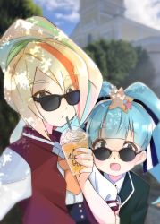 Rule 34 | 10s, 2girls, :o, aqua hair, black jacket, blonde hair, blue ribbon, blue sky, blunt bangs, blurry, blurry background, building, cloud, cloudy sky, commentary request, cup, dappled sunlight, day, depth of field, disposable cup, dress shirt, drinking straw, eyes visible through hair, hair ornament, hair over one eye, hair ribbon, highres, holding, holding cup, hoshikawa lily, jacket, letterman jacket, long hair, looking at viewer, looking over eyewear, multicolored hair, multiple girls, neckerchief, nikaidou saki, open clothes, open jacket, open mouth, orange neckerchief, outdoors, parted lips, ponytail, red jacket, ribbon, shirt, sky, smile, standing, star (symbol), star hair ornament, streaked hair, sunglasses, sunlight, toon (noin), twintails, white shirt, zombie land saga