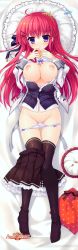 Rule 34 | 1girl, :o, absurdres, alia&#039;s carnival!, black thighhighs, blush, bow, bow bra, bow panties, bra, bra lift, breast suppress, breasts, cleavage, clothes pull, copyright name, dakimakura (medium), frilled pillow, frills, full body, highres, image sample, knees together feet apart, large breasts, legs, long hair, lying, mitha, nipples, on back, open clothes, open shirt, ousaka asuha, panties, panty pull, parted lips, pillow, purple eyes, red hair, school uniform, shirt, skirt, skirt around one leg, skirt pull, solo, thighhighs, underwear, white bra, white panties