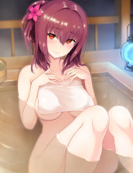 Rule 34 | 1girl, blush, breasts, fate/grand order, fate (series), flower, hair flower, hair intakes, hair ornament, highres, lantern, large breasts, long hair, looking at viewer, masaoka misaki, onsen, partially submerged, purple hair, red eyes, ripples, scathach (fate), sitting, solo, underboob, water