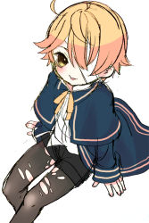 Rule 34 | 1boy, bandages, blonde hair, blush, bow, bowtie, child, collared shirt, male focus, miza-sore, oliver (vocaloid), pantyhose, shirt, short shorts, shorts, simple background, sitting, solo, tongue, tongue out, torn clothes, torn pantyhose, vocaloid, white background, yellow eyes