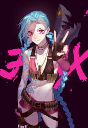 Rule 34 | 1girl, absurdres, bags under eyes, belt, blue hair, braid, bullet, cowboy shot, dj.adonis, fang, fingerless gloves, flat chest, gloves, grin, highres, jewelry, jinx (league of legends), league of legends, long hair, midriff, navel, necklace, pink eyes, rocket launcher, short shorts, shorts, single sleeve, smile, solo, tattoo, twin braids, v, very long hair, weapon