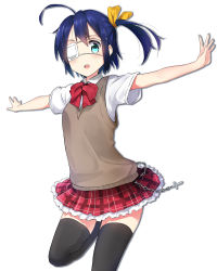 Rule 34 | 10s, 1girl, :o, ahoge, black thighhighs, blue eyes, blue hair, chain, chuunibyou demo koi ga shitai!, cross, dress shirt, eyepatch, frilled skirt, frills, holding, masamuuu, matching hair/eyes, outstretched arm, outstretched arms, plaid, plaid skirt, school uniform, shirt, side ponytail, simple background, skirt, solo, spread arms, sweater vest, takanashi rikka, thighhighs, white background