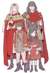 Rule 34 | 1boy, 3girls, arm around shoulder, arm behind back, blue eyes, blue hair, boots, brown hair, byleth (female) (fire emblem), byleth (fire emblem), cape, edelgard von hresvelg, family, fire emblem, fire emblem: three houses, formal, highres, if they mated, ips cells, mother and daughter, mother and son, multiple girls, nintendo, purple eyes, radiostarkiller, red cape, simple background, smile, standing, tiara, white background, white hair, wife and wife, yuri