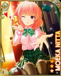 Rule 34 | 1girl, :o, bow, card, character name, closed eye, girlfriend (kari), green bow, green skirt, heart, indoors, looking at viewer, nitta moeka, official art, open mouth, outstretched arm, pink hair, pink shirt, plaid, plaid skirt, purple eyes, qp:flapper, school uniform, shirt, short hair, sitting, skirt, solo, stage, tagme, yellow bow