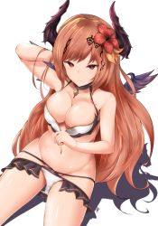 Rule 34 | 1girl, bikini, blonde hair, breasts, choker, cleavage, closed mouth, collarbone, commentary request, dark angel olivia, flower, granblue fantasy, hair ornament, hand in own hair, horns, jewelry, legs, long hair, looking at viewer, medium breasts, navel, olivia (summer) (granblue fantasy), pendant, red eyes, rumiya9i, shadowverse, shingeki no bahamut, shiny skin, simple background, sitting, smile, solo, swimsuit, thighs, very long hair, wings
