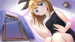 Rule 34 | 1girl, absurdres, akinakesu-chan, bare arms, bare shoulders, black dress, black ribbon, blonde hair, blue eyes, blurry, blurry background, closed mouth, commentary request, commission, curtains, depth of field, dress, from below, hair ribbon, highres, holding, indoors, long hair, mimikaki, original, pennant, ribbon, sitting, sleeveless, sleeveless dress, smile, solo, string of flags, sunset, window