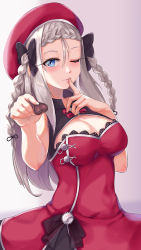 Rule 34 | 1girl, beret, black bow, blue eyes, blush, bow, braid, breasts, chocolate, cleavage, closed mouth, dress, feet out of frame, finger to mouth, food, french braid, girls&#039; frontline, grey hair, hair bow, hat, highres, holding, holding chocolate, holding food, jamgom, long hair, looking at viewer, medium breasts, mp5 (girls&#039; frontline), one eye closed, red dress, red hat, simple background, smile, solo, standing, twin braids