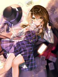 Rule 34 | 1girl, black cloak, black hat, blush, brown eyes, brown hair, card, cloak, collared shirt, fuepo, glasses, hair between eyes, hat, high collar, highres, holding, holding card, long sleeves, low twintails, parted lips, plaid, plaid skirt, plaid vest, pleated skirt, purple skirt, purple vest, red-framed eyewear, runes, shirt, short hair, skirt, solo, touhou, twintails, unworn eyewear, unworn hat, unworn headwear, usami sumireko, vest, white shirt, zener card