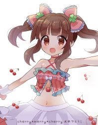 Rule 34 | 1girl, :d, bow, bowtie, brown eyes, brown hair, clover hair ornament, criss-cross halter, crop top, frills, hair ornament, halterneck, idolmaster, idolmaster cinderella girls, looking at viewer, miyuara, navel, neck ribbon, ogata chieri, open mouth, outstretched arms, pink bow, pink ribbon, ribbon, sidelocks, skirt, smile, solo, spread arms, twintails, white background, white neckwear, wrist cuffs