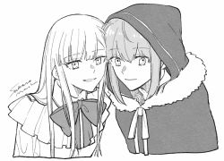 Rule 34 | 2girls, artist name, bad id, bad twitter id, blonde hair, bow, bowtie, cape, closed mouth, cropped shoulders, fate (series), fur trim, gray (fate), greyscale, highres, hood, hood up, hooded cape, long hair, looking at viewer, lord el-melloi ii case files, monochrome, multiple girls, reines el-melloi archisorte, ribbon, sakanomachico, simple background, smile