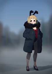 Rule 34 | 1girl, absurdres, animal ears, black coat, black footwear, black pantyhose, blonde hair, blue eyes, blurry, blurry background, breasts, cleavage, coat, commentary request, fake animal ears, fur-trimmed coat, fur trim, high heels, highres, k-on!, kicchi (tmgk), kotobuki tsumugi, large breasts, light blush, long hair, looking at viewer, outdoors, pantyhose, parted lips, rabbit ears, red vest, solo, thick eyebrows, vest, winter clothes, winter coat