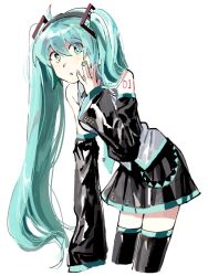 Rule 34 | 1girl, bare shoulders, black skirt, black thighhighs, blue eyes, blue hair, blue nails, blue necktie, collared shirt, cowboy shot, detached sleeves, grey shirt, hand up, hatsune miku, long hair, long sleeves, looking at viewer, necktie, open mouth, pleated skirt, samsap, shirt, simple background, skirt, solo, thighhighs, twintails, very long hair, vocaloid, white background