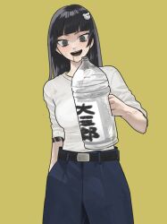Rule 34 | 1girl, bags under eyes, bear hair ornament, belt, black belt, black eyes, black hair, black pants, blunt bangs, blush, bottle, breasts, commentary, cowboy shot, dirty, dirty clothes, drooling, hair ornament, hanakusogorilla, hand in pocket, holding, holding bottle, irezumi, jimoto saikou, jug (bottle), koharu (jimoto saikou), large breasts, long hair, looking at viewer, pants, shirt tucked in, short sleeves, simple background, sleeves pushed up, smile, solo, standing, tattoo, tsurime, water, yellow background