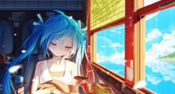 Rule 34 | 1girl, ahoge, backpack, bag, bag of chips, bare shoulders, bendy straw, window blinds, blue hair, blue ribbon, blue sky, blurry, blurry foreground, blush, breasts, brown jacket, closed eyes, closed mouth, cloud, collarbone, commentary request, cup, day, depth of field, disposable cup, drink, drinking straw, food, hair between eyes, hair ribbon, hatsune miku, head tilt, highres, horizon, interior, jacket, unworn jacket, long hair, ocean, open window, petals, qys3, revision, ribbon, seat, shirt, sky, sleeping, small breasts, solo, tank top, thermos, twintails, upper body, vocaloid, water, white shirt, window