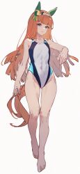 1girl animal_ears barefoot competition_swimsuit covered_navel ear_covers flat_chest green_eyes hairband highleg highleg_one-piece_swimsuit highres hime_cut horse_ears horse_girl horse_tail kisaragi9a multicolored_clothes multicolored_swimsuit one-piece_swimsuit orange_hair silence_suzuka_(umamusume) solo swimsuit tail umamusume white_hairband white_one-piece_swimsuit