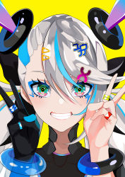 Rule 34 | 1girl, absurdres, bad id, bad pixiv id, black gloves, blue hair, character request, commentary, covered collarbone, double v, english commentary, eyebrows hidden by hair, gloves, green eyes, grin, hair between eyes, hair ornament, hairclip, hands up, headgear, highres, indie virtual youtuber, jewelry, low twintails, multicolored hair, ring, silver hair, simple background, single glove, smile, solo, streaked hair, twintails, v, virtual youtuber, yellow background, yuuta (yuuta0312)
