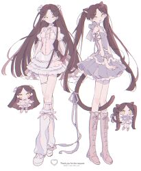 Rule 34 | 2girls, :3, absurdres, animal ears, bare shoulders, boots, brown hair, cat ears, cat girl, cat tail, chibi, choker, chromatic aberration, closed mouth, commission, corset, detached sleeves, dress, english text, fashion, full body, highres, knee blush, layered skirt, long hair, looking at viewer, multiple girls, neck ribbon, open mouth, original, pink dress, purple dress, ribbon, ronoh (jill), see-through, see-through skirt, see-through sleeves, simple background, skeb commission, skirt, smile, standing, tail, tail ornament, tail ribbon, thigh strap, twintails, very long hair, white background, white dress, white leg warmers, yellow eyes
