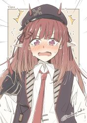 Rule 34 | 1girl, @ @, arknights, black ribbon, blunt bangs, blush, border, braid, character name, collared shirt, commentary request, demon horns, ear blush, hair ornament, hair ribbon, hairclip, highres, horns, horns through headwear, long hair, looking at viewer, necktie, nose blush, open mouth, purple eyes, red hair, red necktie, ribbon, shirt, sidelocks, solo, sweatdrop, twitter username, umino mokuzu (shizumisou), upper body, vigna (arknights), wavy mouth, white border, white shirt, yellow background