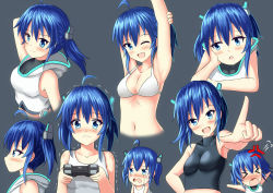 Rule 34 | &gt; &lt;, 1girl, :d, ahoge, anger vein, armpits, arms up, bare shoulders, bikini, bikini top only, black shirt, blue eyes, blue hair, blush, breasts, chibi, collarbone, commentary request, controller, crying, crying with eyes open, drooling, closed eyes, game controller, grey background, hair ornament, highres, holding, hood, hood down, hoodie, medium breasts, multiple views, navel, open mouth, original, prophosphere, saliva, shirt, simple background, sleeveless, sleeveless hoodie, sleeveless shirt, smile, streaming tears, stretching, swimsuit, tank top, tears, trembling, twintails, white bikini, white hoodie, white shirt