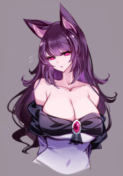 Rule 34 | 1girl, animal ears, arms behind back, black hair, breasts, cleavage, commentary, cropped torso, flying sweatdrops, grey background, highres, imaizumi kagerou, large breasts, long hair, looking at viewer, off shoulder, parted lips, raptor7, red eyes, simple background, solo, symbol-only commentary, touhou, upper body, wolf ears, wolf girl