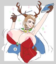 Rule 34 | 1girl, absurdres, animal ears, antlers, areola slip, armpits, artist name, bell, blush, book, border, breast expansion, breasts, breasts focus, brown eyes, brown gloves, brown hair, cape, choker, christmas, deer antlers, deer ears, deer tail, easybee, eyeliner, eyeshadow, fake animal ears, fake antlers, female focus, fire emblem, fire emblem: three houses, fire emblem heroes, fur cape, gloves, grey border, highres, horns, huge breasts, intelligent systems, leotard, lips, lipstick, magic, makeup, manuela casagranda, mature female, mistletoe, mole, motion lines, neck bell, nintendo, o-ring, pink eyeshadow, red choker, red leotard, red lips, shiny clothes, shiny skin, short hair, solo, star (symbol), tail, upper body, wand, white background
