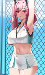 Rule 34 | 1girl, arm behind head, armpits, arms up, azur lane, bare shoulders, blue sky, blush, breasts, bremerton (azur lane), bremerton (scorching-hot training) (azur lane), chain-link fence, cleavage, cloud, collarbone, collared shirt, commentary, cowboy shot, crop top, crop top overhang, dada (dadada 20), day, fence, green skirt, grey hair, hair between eyes, hair intakes, hair ornament, hairclip, heart, heart necklace, highres, jewelry, large breasts, long hair, looking at viewer, midriff, mole, mole under eye, multicolored hair, navel, necklace, open mouth, outdoors, pink eyes, pink hair, shirt, sidelocks, skirt, sky, sleeveless, sleeveless shirt, solo, sportswear, standing, streaked hair, stretching, sweat, tennis uniform, twintails, two-tone hair, two-tone shirt, two-tone skirt, wet, wet clothes, wet shirt, white shirt, white skirt, x hair ornament
