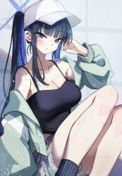 1girl baseball_cap belt black_belt black_camisole black_hair black_socks blue_archive blue_eyes blue_hair breasts camisole cleavage closed_mouth collarbone commentary_request green_jacket grey_shorts hair_through_headwear halo hand_up hat jacket knees_up long_hair looking_at_viewer mao_xiaozha_(rumiechen) medium_breasts multicolored_hair off_shoulder open_clothes open_jacket ponytail ribbed_legwear saori_(blue_archive) saori_(swimsuit)_(blue_archive) short_shorts shorts sitting socks solo sweat two-tone_hair very_long_hair white_hat