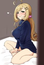 Rule 34 | 1girl, ahoge, bad id, bad twitter id, blonde hair, blue sweater, blush, breast hold, breasts, closed mouth, green eyes, hair ornament, hairclip, heart, heart ahoge, idolmaster, idolmaster cinderella girls, large breasts, legs, long hair, long sleeves, looking at viewer, omaru gyuunyuu, ponytail, sato shin, scrunchie, sitting, smile, solo, sweater, swept bangs, thighs, turtleneck, turtleneck sweater