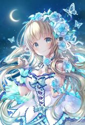 Rule 34 | 1girl, blonde hair, blue eyes, blue ribbon, blunt bangs, blush, bow, breasts, bug, butterfly, choker, cleavage, closed mouth, crescent moon, dress, floating hair, flower, frilled bow, frills, hair flower, hair ornament, head wreath, highres, holding, holding own hair, insect, large breasts, lens flare, lolita fashion, long hair, looking at viewer, moon, night, original, outdoors, ribbon, ribbon choker, rose, sakura moyon, smile, solo, strapless, strapless dress, very long hair, white bow, white dress, white flower, white ribbon, white rose