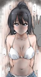 Rule 34 | 1boy, 1girl, alternate eye color, arms behind back, bare shoulders, bikini, bikini under clothes, black hair, blush, breasts, bright pupils, check commentary, cleavage, closed mouth, collarbone, commentary request, disembodied limb, elf (stroll in the woods), grey eyes, halterneck, heart, hibike! euphonium, highres, kabedon, kousaka reina, large breasts, long hair, looking at viewer, navel, no shirt, open fly, ponytail, pov, smile, solo focus, sound effects, stomach, swimsuit, white bikini