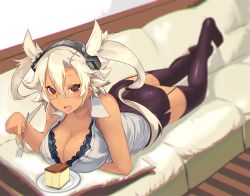 Rule 34 | 10s, 1girl, :d, alternate costume, black thighhighs, blurry, breasts, cake, cleavage, contemporary, dark-skinned female, dark skin, depth of field, food, fork, garter straps, glasses, hair between eyes, hairband, headgear, kantai collection, large breasts, looking at viewer, lying, miniskirt, musashi (kancolle), on stomach, open mouth, pencil skirt, red eyes, sakuhiko, semi-rimless eyewear, skirt, smile, solo, thighhighs, twintails, under-rim eyewear, white hair