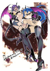 Rule 34 | 2girls, au ra, warrior of light (ff14), bikini, black bikini, black footwear, black gloves, black thighhighs, blue hair, breasts, bridal gauntlets, character name, commission, decima velanox, demon girl, demon tail, demon wings, dragon horns, dragon tail, elbow gloves, female focus, final fantasy, final fantasy xiv, garlean, gloves, hands on own hips, high heels, horns, large breasts, long hair, looking at viewer, matching hair/eyes, minchia, multiple girls, navel, open mouth, ponytail, purple eyes, purple hair, scales, short hair, sin faye, skeb commission, swimsuit, tail, thigh strap, thighhighs, third eye, underboob, wings, yellow eyes
