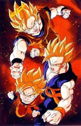 Rule 34 | 3boys, angry, blonde hair, brothers, cleaned, clenched teeth, dragon ball, dragonball z, family, father and son, looking at viewer, male focus, multiple boys, muscular, scan, siblings, son gohan, son goku, son goten, space, star (sky), super saiyan, teeth, yamamuro tadayoshi